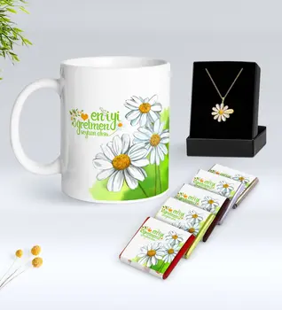 

Personalized Daisy Themed Best Teacher White Mug Chocolate and Is Daisy Necklace Gift Seti-7