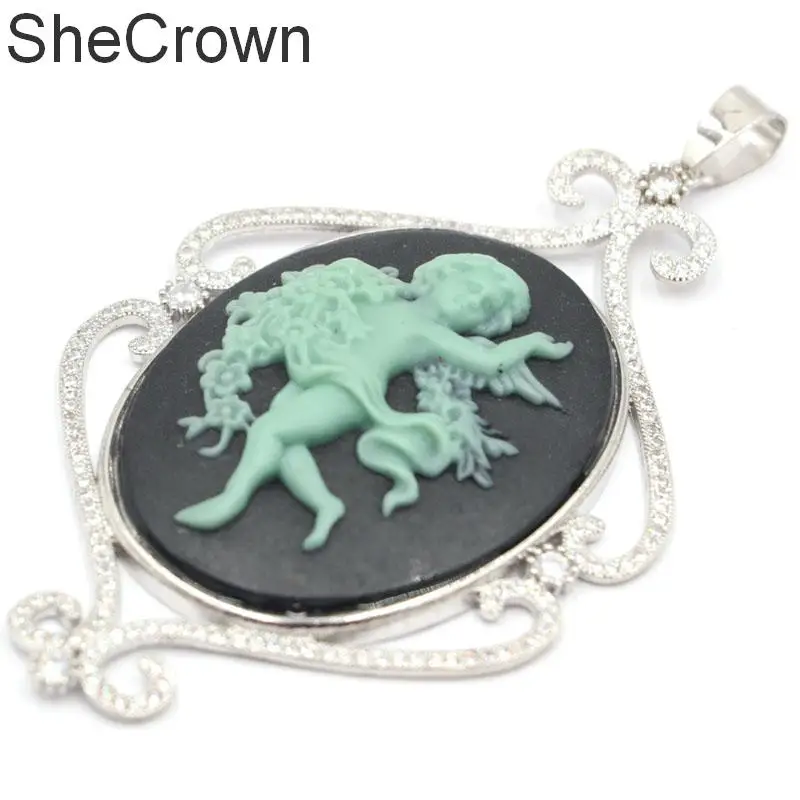 75x44mm SheCrown Long Big Cupid Angel Natural CZ Woman's Party Silver Pendant
