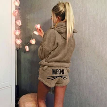 女性のサンゴのベルベットスーツ 2 点セット 2019 秋冬トラックスーツ暖かい服かわいい猫ニャー柄パーカーショーツセット 2019 新(China)