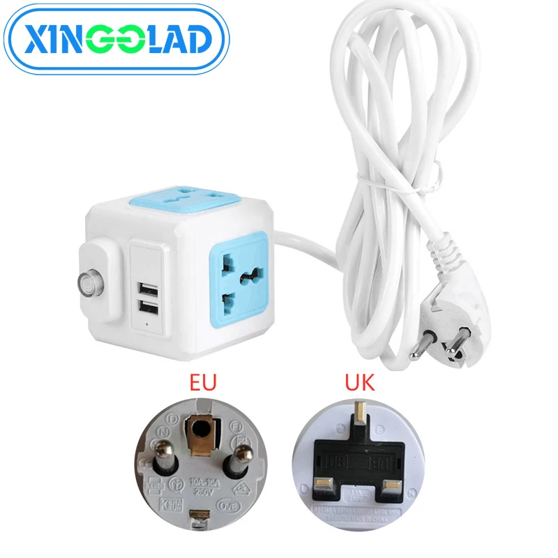 

EU UK Plug Network Filter Multi Powercube Power Strip Main Switch 4 Universal Outlet 2 USB 1.8/2/3M Extension Cord Power Adapter