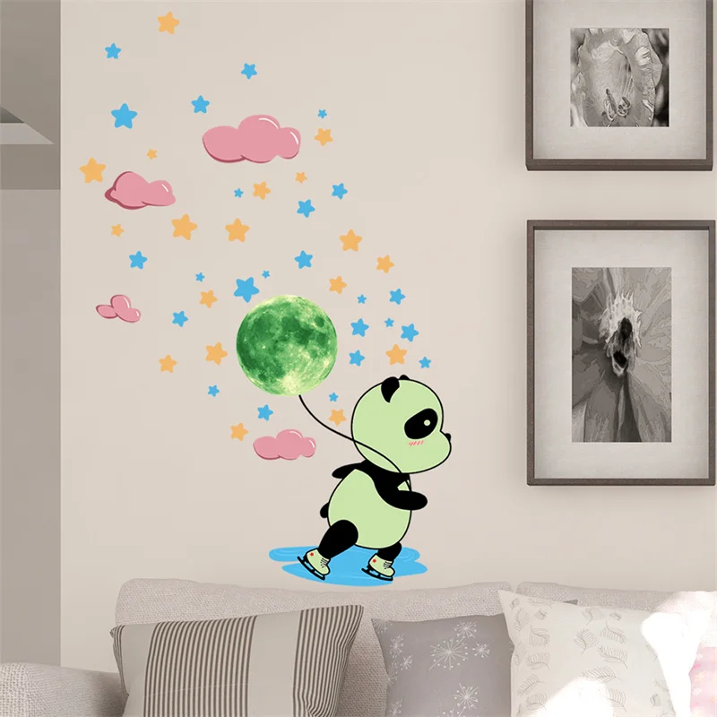 Baby Elephant Moon Luminous Wall Sticker For Children's Kids Bedroom Decorative Glow In The Dark Cartoon Panda Decals Home Decor