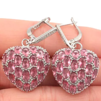 

39x22mm Pretty Created Heart Shape Pink Tourmaline CZ SheCrown Gift For Sister Silver Earrings