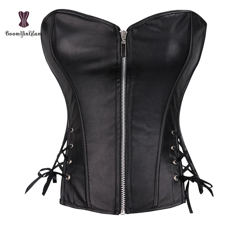 Plus Size Women Faux Leather Corset Dress Gothic Punk Zipper with Skirt 829