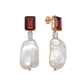 

Gold earrings 585 with stones: fianit, garnet, pearls. women's earrings, fashion jewelry, female.
