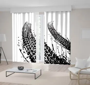 

Curtain Tire Tracks Pattern Grunge Artistic Rustic Artwork Printed Black and White
