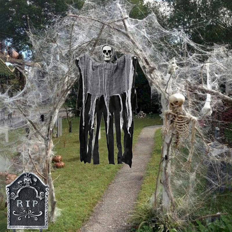 

Halloween Garden Decoration Skull Skeleton Tombstone Ghost Hanging Stretchy Spider Web Haunted House Horror Decor Halloween