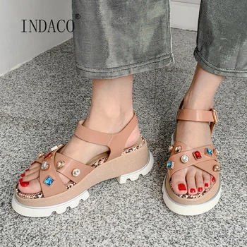 

Platform Sandals Women Leather Rhinestone Fashion Sandals Summer Shoes 7cm 2020