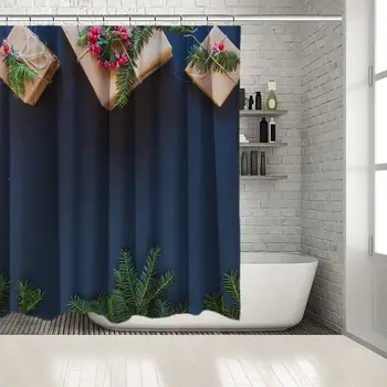 

Wrapped Gifts with Pine Tree Leaves Branches and Berries New Year Celebration Photo Blue Green Shower Curtain