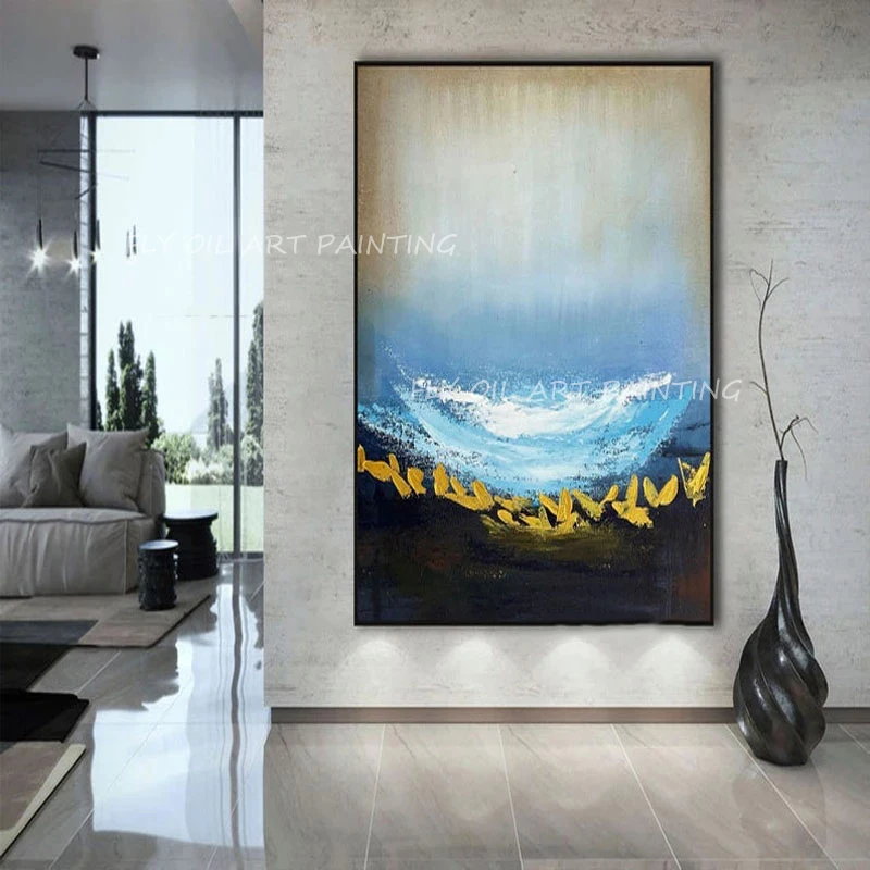 

Океанская Золотая фольга синий холст 100% ручная работа 2022 новый дизайн в подарок фотообои на холсте современное художественное украшение