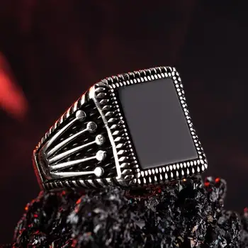 

925 Sterling Sterling Silver Mens Ring with Square Black Onyx Stone Fashion Turkish Premium Quality Handmade Jawelery