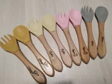 Bopoobo-tenedor de bambú para bebé, cuchara de alimentación de bebé de madera de silicona, accesorios de alimentación para niños pequeños, grado alimenticio orgánico sin BPA, 2 uds.