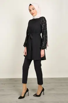 

Women Hijab Handles Sequin Waist Belted Dual Suit