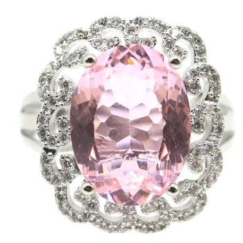 

22x19mm Dazzling Created Pink Kunzite White CZ Gift For Ladies Wedding Silver Rings
