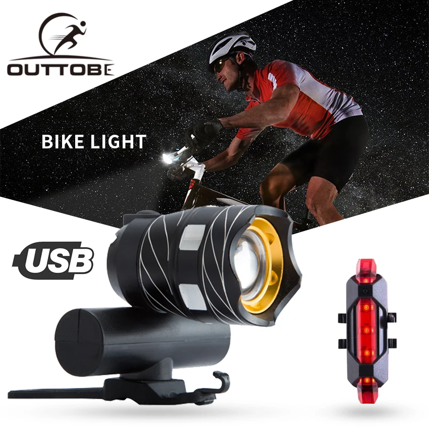 Outtobe USB Bike Light Set Bicycle Headlight and Free Tail Light XML Waterproof T6 LED Bicycle Front Head Light Torch Flashlight