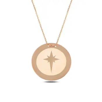 

Angemiel 925 Silver Laser North Star Round Plate Necklace-Rose Gold Plated