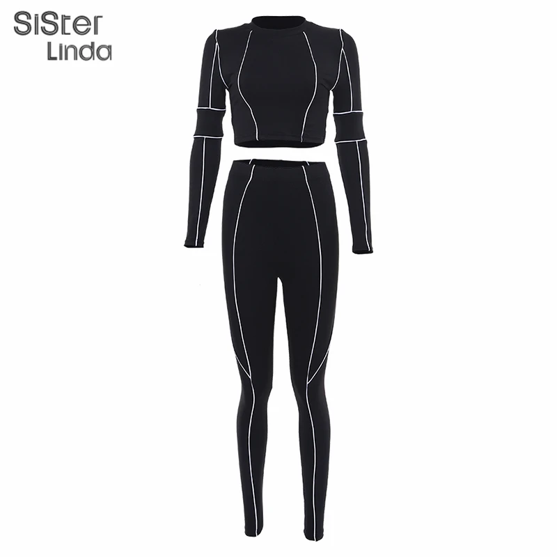 Sisterlinda, женский спортивный костюм для фитнеса, комплект, в полоску, обтягивающие топы, высокая талия, леггинсы, штаны, два рисунка, женские комплекты, Mujer, спортивный костюм - Цвет: Черный