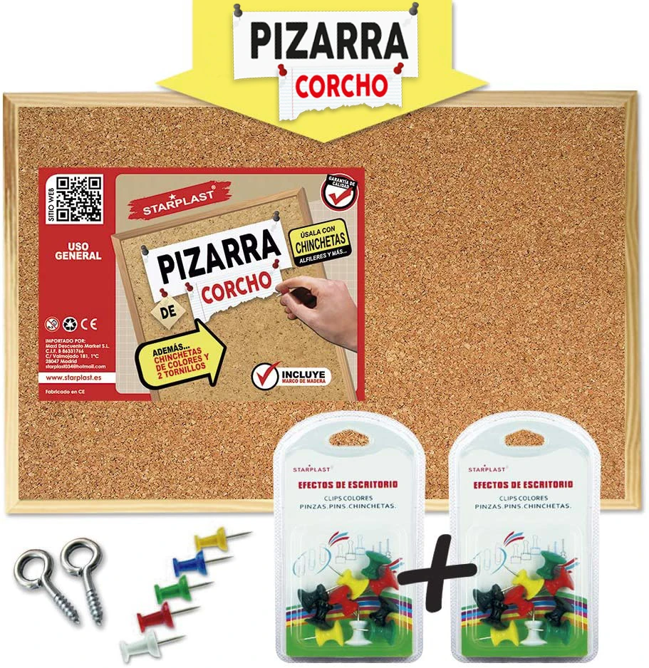 PIZARRA DE CORCHO STARPLAST - Pack Pizarra De Corcho, Marco De Madera, Con Chinchetas Y Tornillos, Para uso Escolar y de Oficina