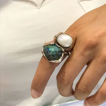 

Authentic Genuine Pearl Labrodorit Natural Gemstone Design Silver Ring