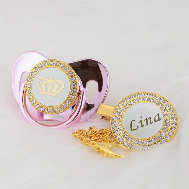 MIYOCAR custom name pacifier clip bling white crown pacifier and pacifier clip set luxurious unique gift PCW gold pink 6-18m