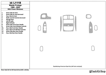 

Interior trim for Mazda Protege 1999-UP. Set L1118.