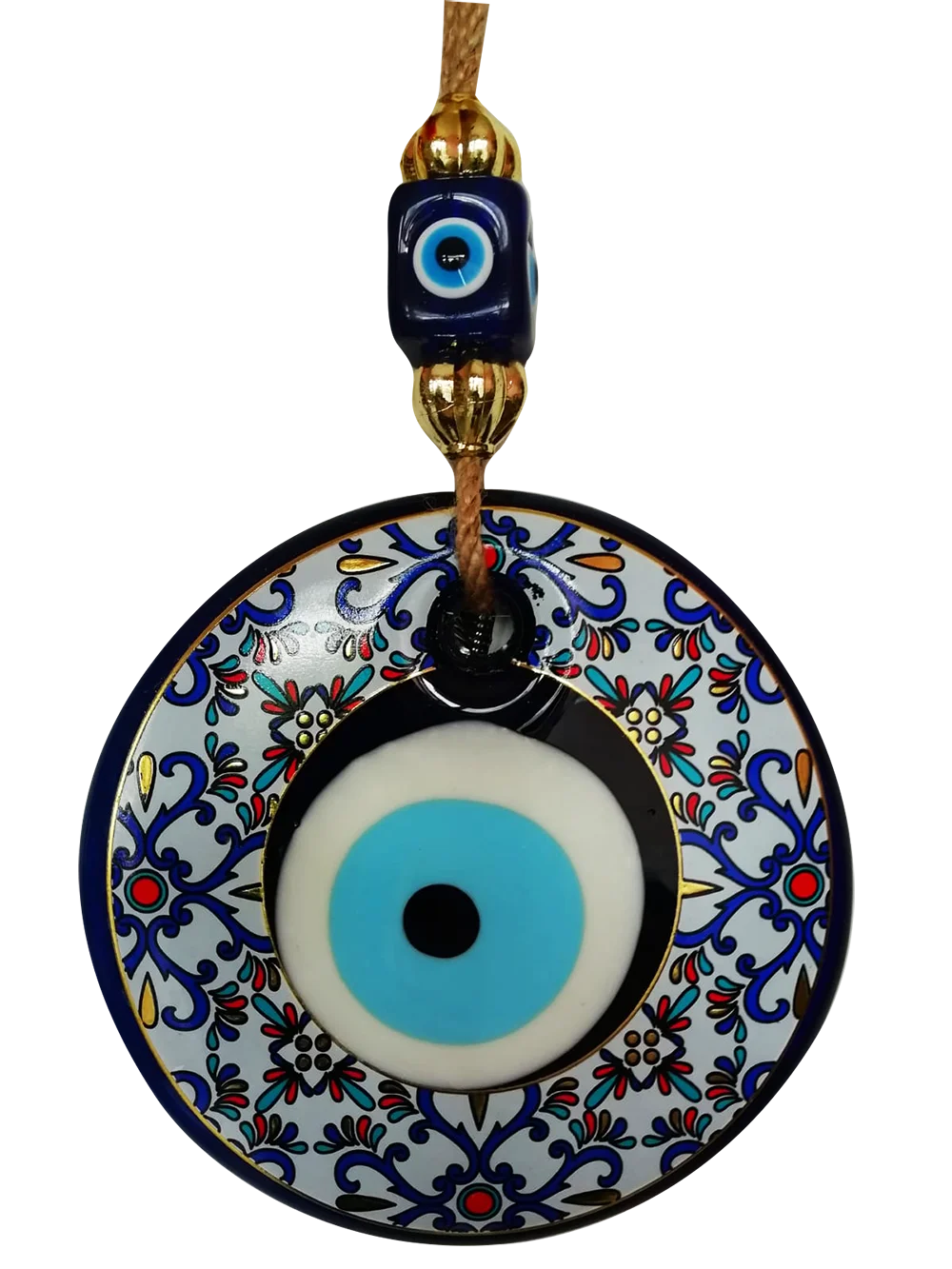 

Big Size-14 cm Diameter- Golden Gilted and Colored Patterned Glass Blue Evil Eye Wall Hanging Ornament – Turkish Nazar Bead - Ho