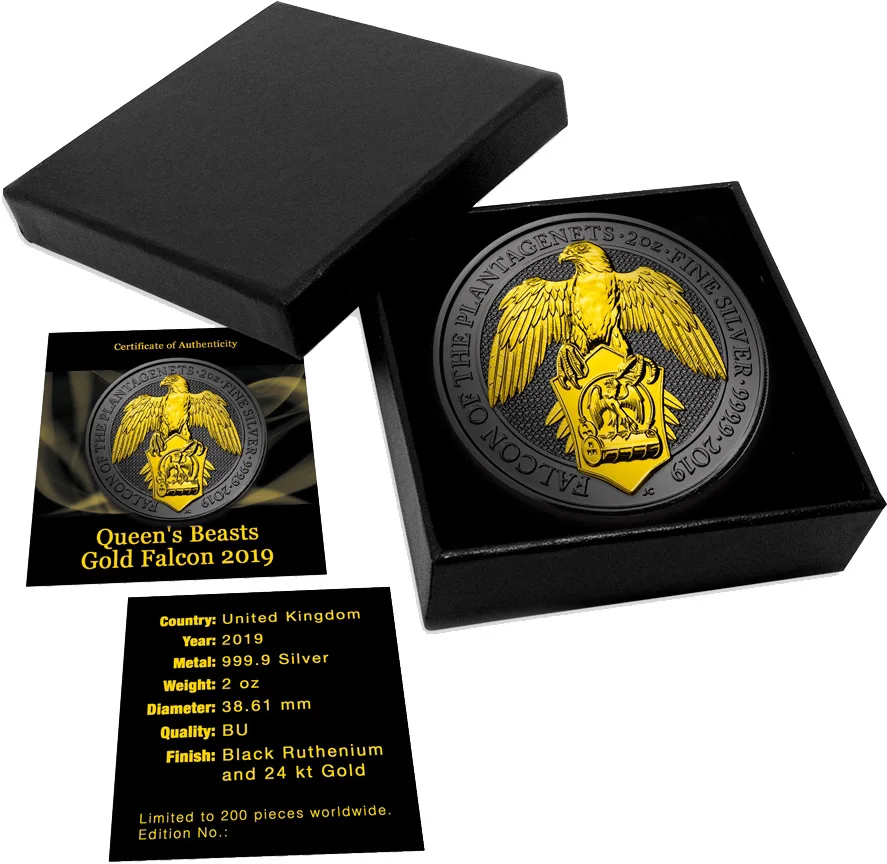 FALCON QUEEN BEASTS Golden Ruthenium 2 Oz Серебряная монета 5 фунтов стерлингов Великобритания
