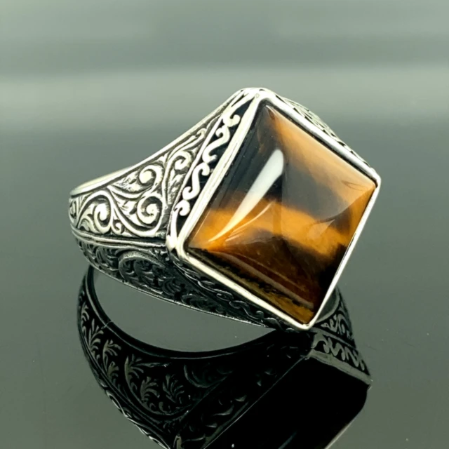 Retro Natural Tiger Eyes Stone Ring for Men in Silver – Rings Universe