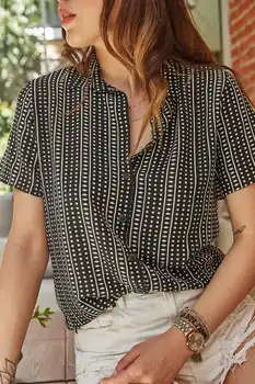 

BEYON WOMEN BLACK PATTERNED SHIRT DAILY SPORTS CHIC WHITE POINTED SHORT SLEEVE VISCOSE REGULAR FIT CASUAL