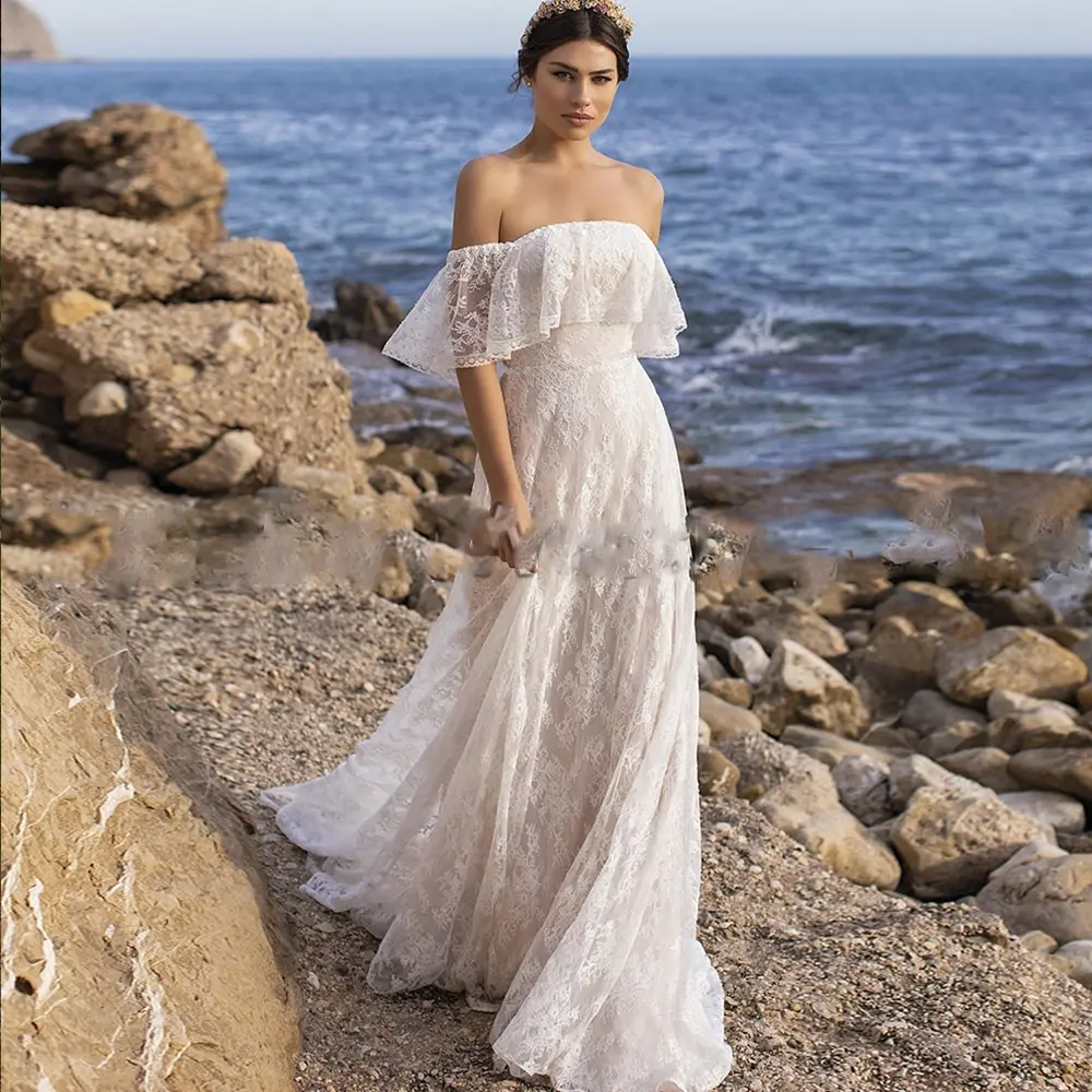 

13192#Boho Sexy Beach Bohemian Off-Shoulder Strapless Open Back Princess Lace Sweep Train Custom Made Wedding Dress Bridal Gown