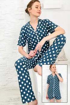 

Trend Alacati Style Women 'S White-Navy Blue 3'Lü Pajamas set ALC-X4083