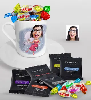 

Personalized Women 'S Caricature Of Turkish Coffee Cup Selamlique Mixed Turkish Coffee house And Haribo Candy Gift Seti-23