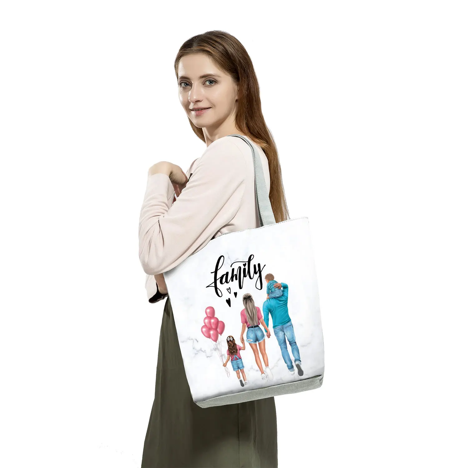 Cute Cartoon Super Mama Print Linen Tote Bag Reusable Shoulder Bags Mom And Baby Fold Women Casual Handbags Lady Fabric Totes