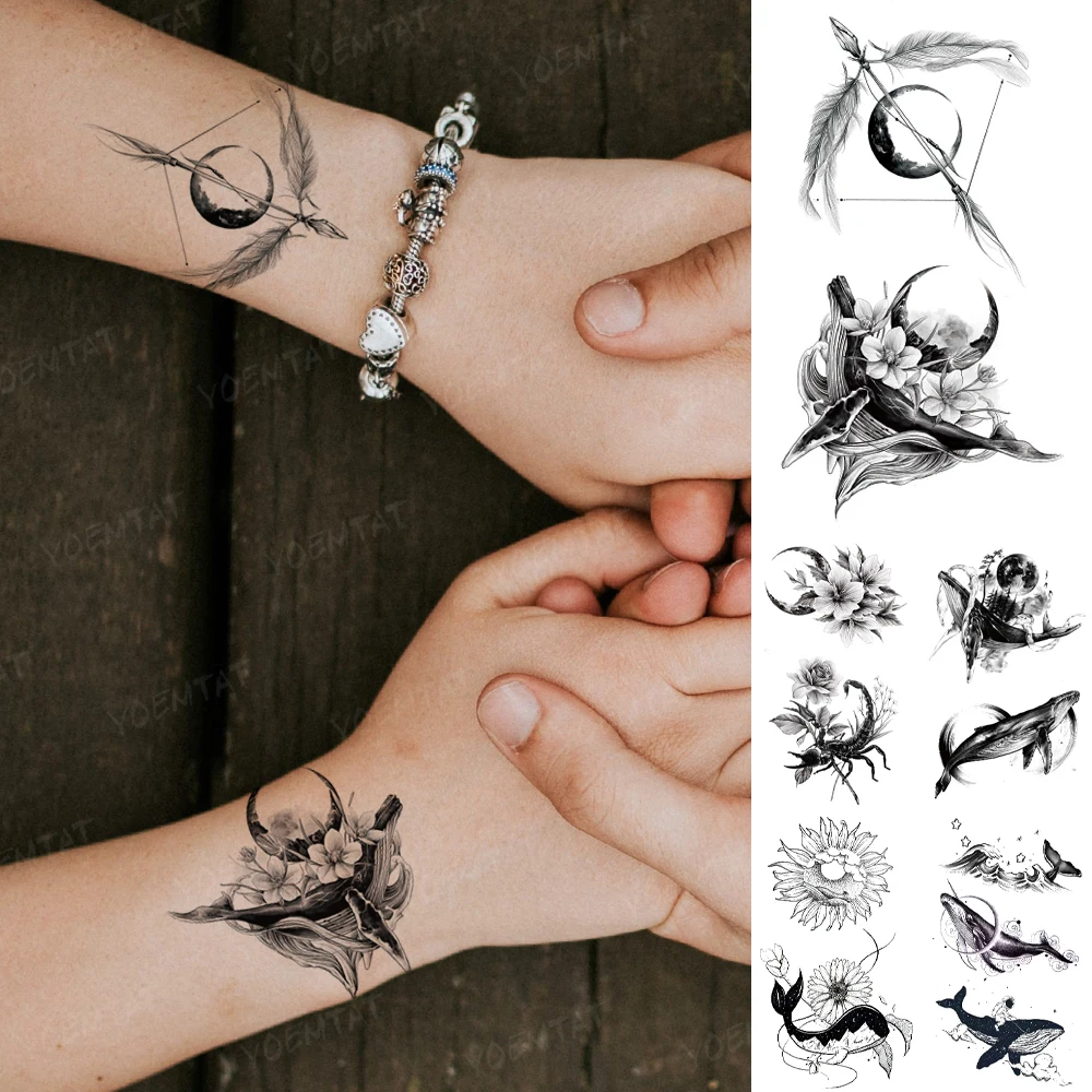 

Waterproof Temporary Tattoo Sticker Whale Moon Flower Feather Bow Arrow Flash Tatto Woman Man Child Kids Wrist 3D Fake Tatoo