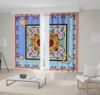 

Curtain Square Scarf Fabric Design with Gold Chain Diamond Jewelry Pattern Artwork Blue Yellow