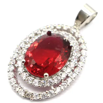 

37x21mm SheCorwn Created Pink Raspberry Rhodolite Garnet White CZ Gift For Sister Silver Pendant
