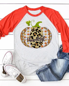 

Leopard Pumpkin Top Halloween Three Quarter T-shirt Summer Autumn Raglan Sleeve Tops Tee Shirts Casual Halloween Tee Female