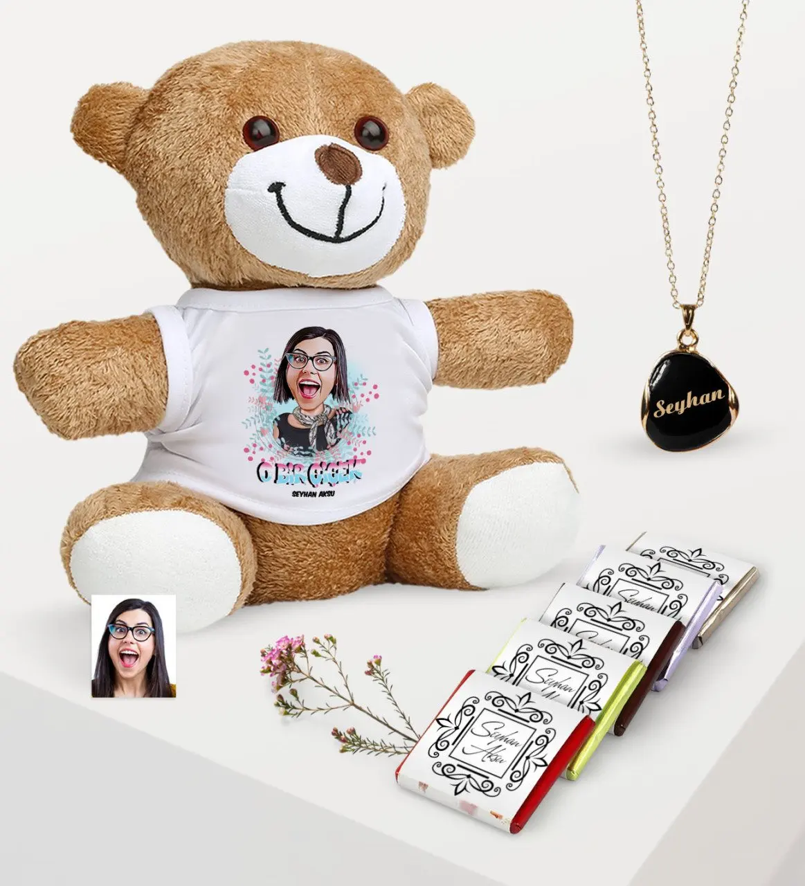 

Personalized Caricature Of Plush Teddy Bear Enamel necklace And Chocolate Gift set-6