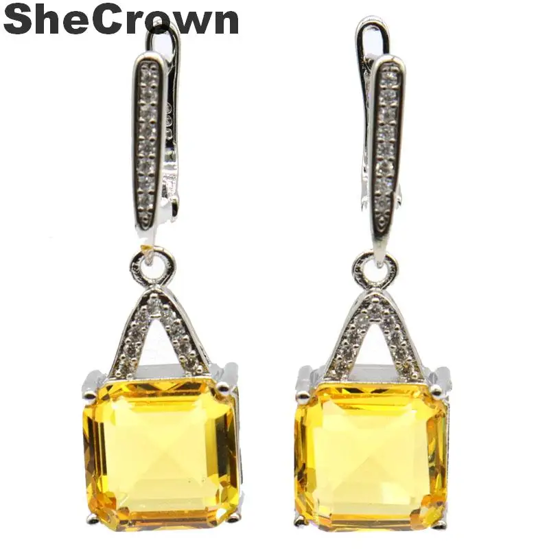 34x11mm Romantic Created Square Shape Golden Citrine White CZ Gift For Girls Silver Earrings