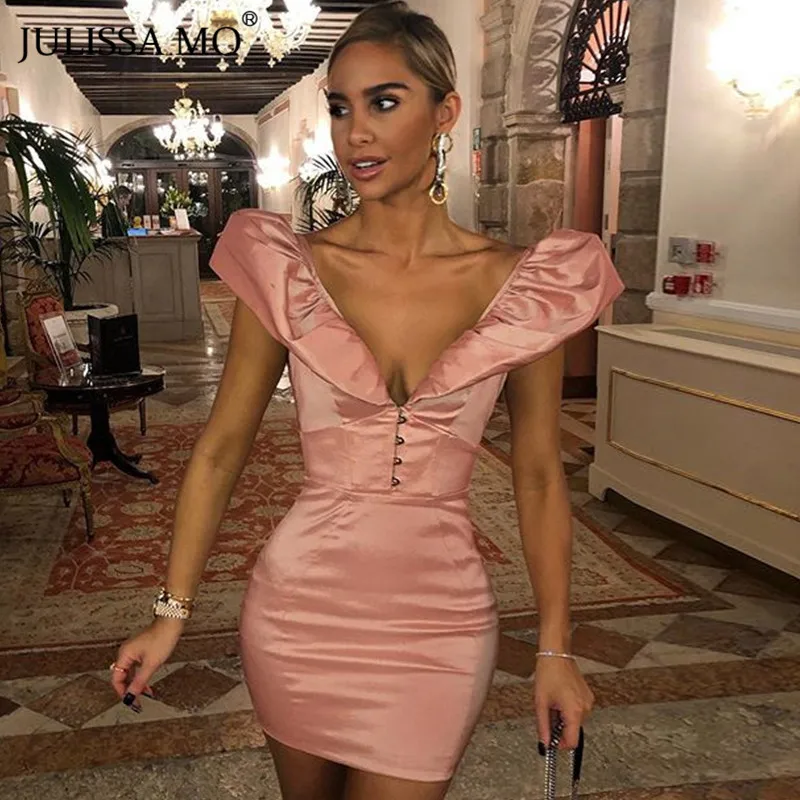 Julissa mo с короткими рукавами, шифоновая блузка с короткими рукавами Вечерние платья зима Для женщин пикантный Облегающий комбинезон с v-образной горловиной розовое платье женская модель Мини-платья Vestidos