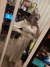 A-Line Dress V-Neck Spring Bishop-Sleeve Satin Simplee Chic Elegant Vintage High-Waist