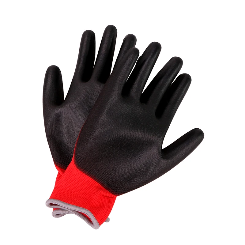 Горячая GMG CE сертифицированные EN388 красный полиэстер черный PU рабочие защитные перчатки механические рабочие перчатки