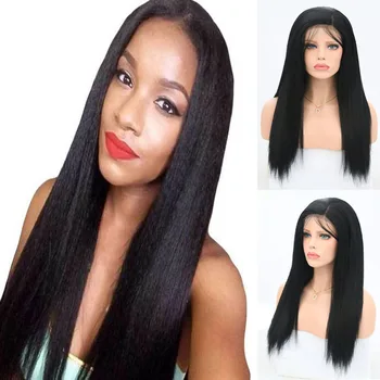 

RONGDUOYI 1b# Black Wig Yaki Straight Synthetic Lace Front Wigs for Women Side Part Hair Natural Hairline Wigs with Baby Hair
