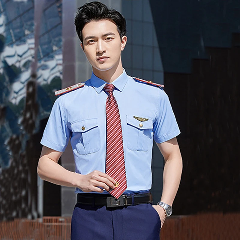 Aviation Pilot White Shirts Men 2024 Summer Short Sleeve Slim Air Force Captain Stewardess Pilot Uniform Work Cosplay Costume