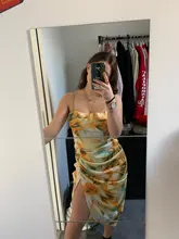 Dress Spaghetti-Strap Tie-Dye Waist-Slit Flower-Print Vestido Irregular Yellow Women Vintage