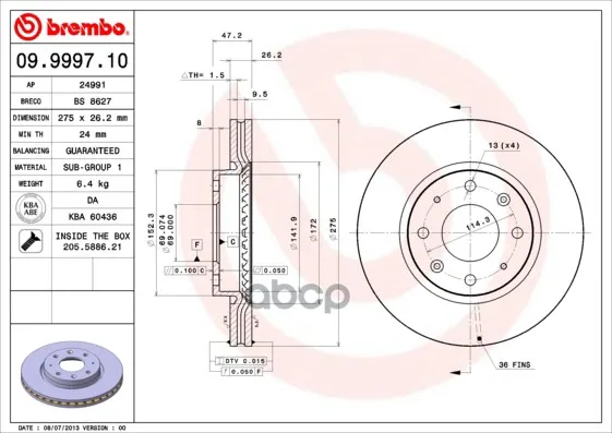 Диск Тормозной Передн Kia: Cerato 04-, Cerato Седан 04- Brembo арт. 09.9997.10