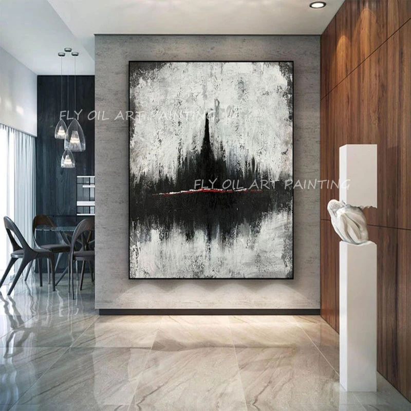 

100% Серый холст ручной работы, черная картина маслом большого размера, современная картина для гостиной, украшение для дома без рамки