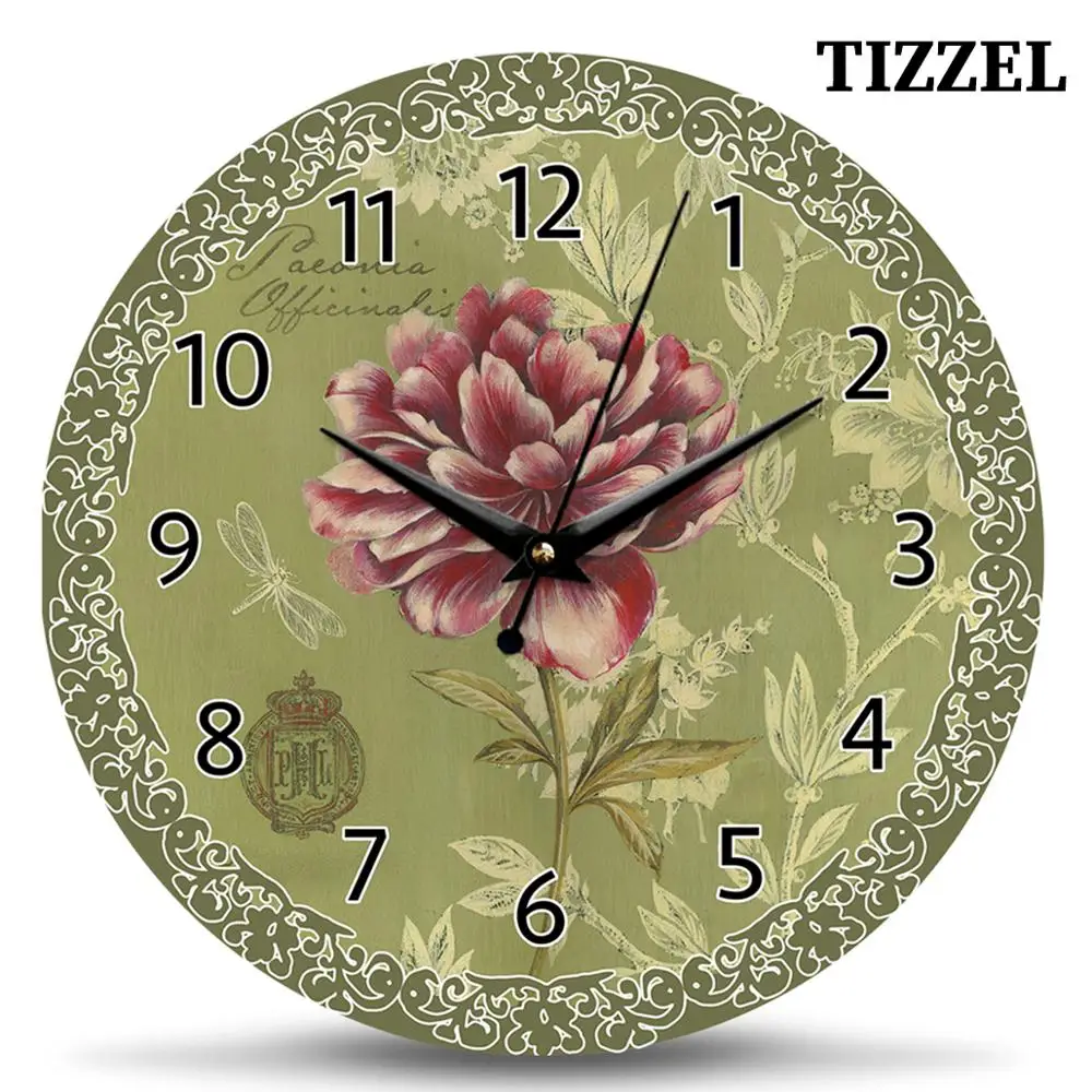 Часы настенные Green Flower TIZZEL Wall Clock Wood Vintage Modern Design Antique Style For Home Living Room Kitchen 30 cm | Дом и