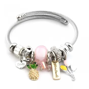 Pandora Pink Beaded Pineapple Figured Zircon Steel Bracelet Vintage charms bracelets for women Pandora bracelet