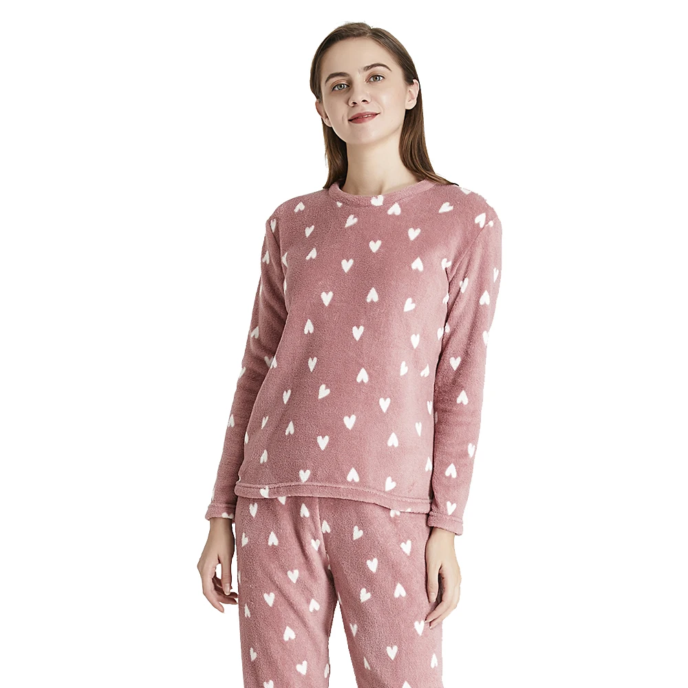 PimpamTex - Women's Autumn Winter Coral Long Sleeved Pyjama Set, Warm Winter Coral Printed Pyjama Set, Perfect Christmas Gift