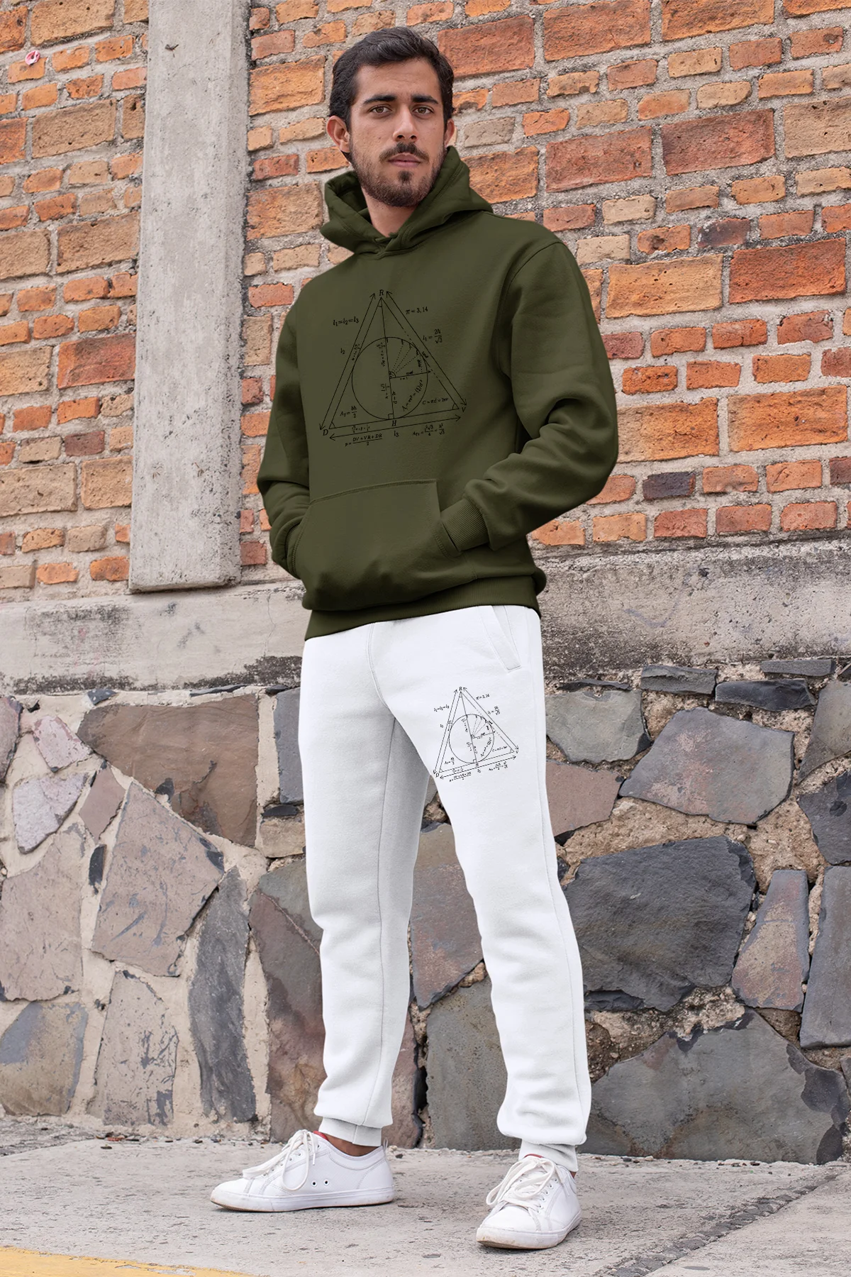 Angemiel Wear Geometric Shapes Mens Tracksuit Set Green Hooded Sweatshirt White Sweatpants | Мужская одежда
